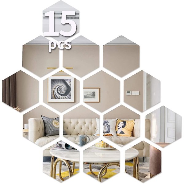 Hexagon väggdekaler, spegelväggdekaler, 15 stycken stora avtagbar akryl