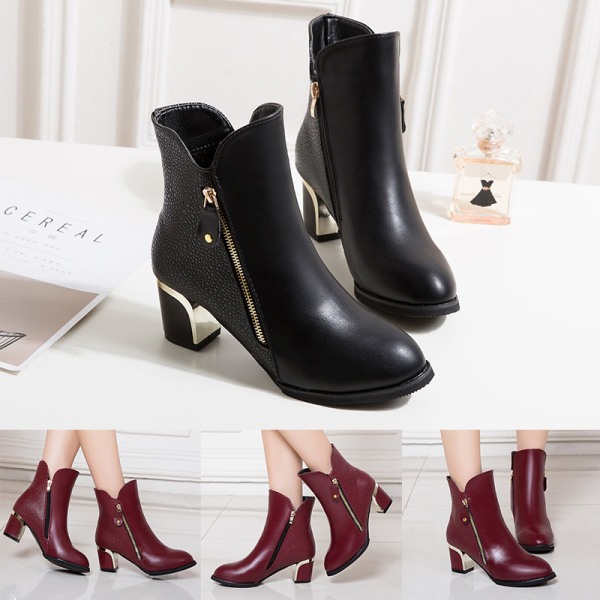 Women's Ankle Boots High Heels Casual Shoes Pointed Toe Zipper Black,37