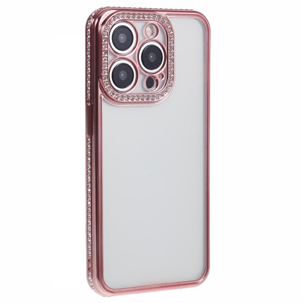 For iPhone 13 Pro Max deksel med rhinestones linseramme myk TPU telefondeksel Rose Gold