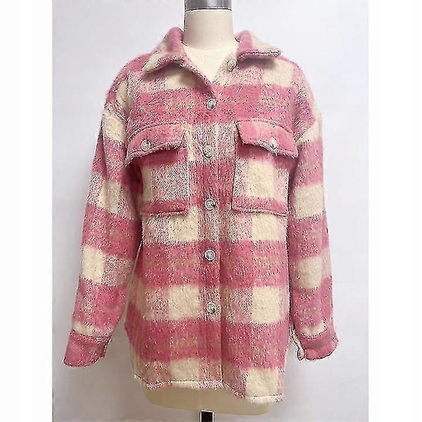 Vinter Ulljakke Casual Rutete Flanell Shacket Jakke Oversized Knapp Ned Lang Ermet Høst Skjortejakke Kåpe Topper Jakke Kvinner S PINK