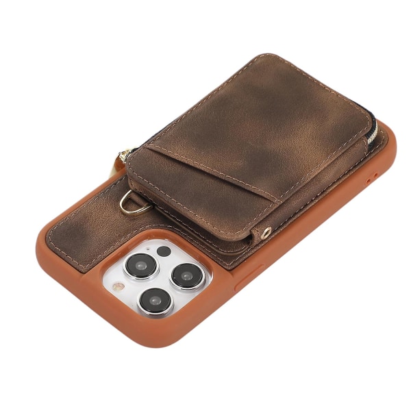 For Iphone 15 Pro Max Zipper Wallet Phone Cover Kickstand Pu Leather Coated Tpu Case Brown