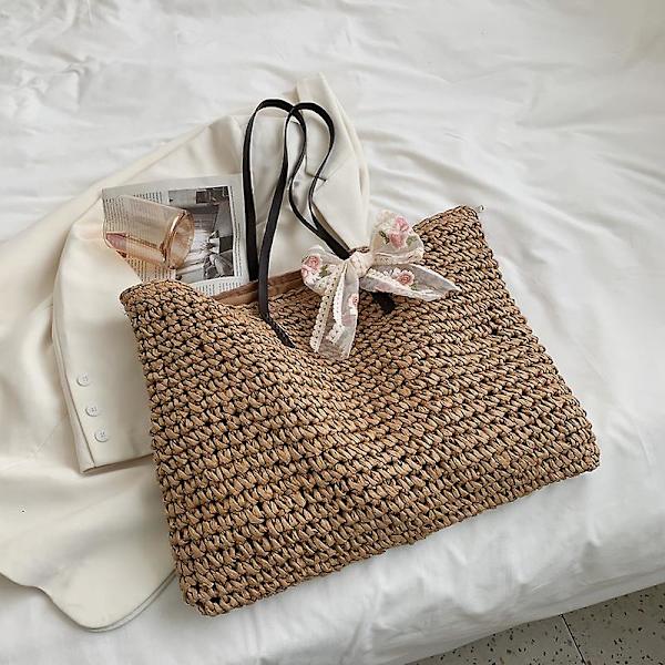 Damhandväska Sommar Strandväska Rotting Flätad Handgjord Stickad Halm Stor Kapacitet Tote Läder Dam Axelväska Bohemisk Ny khaki add ribbon