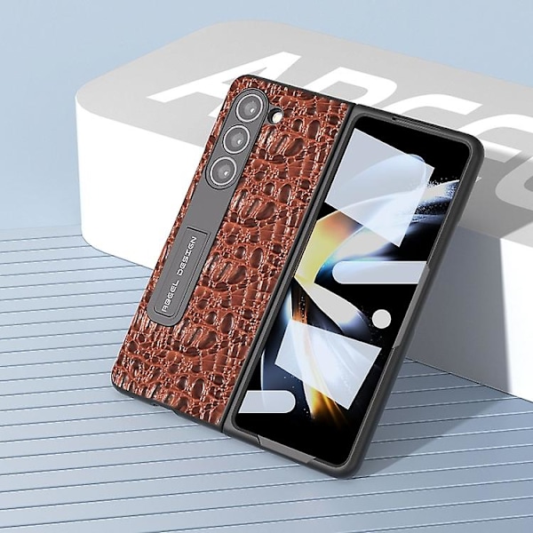 Samsung Galaxy Z Fold5 Abeel -integroitu aito nahkainen Sky Series -matkapuhelinkotelo pidikkeellä Brown