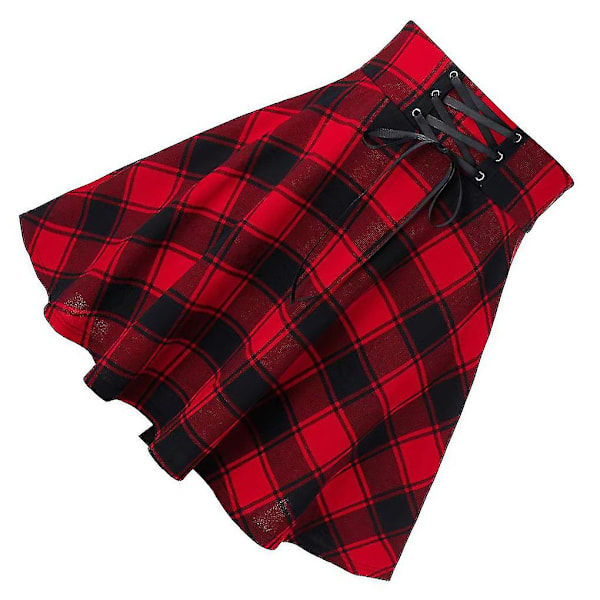 Women Plaid Short Skirt Pleated Punk Style Vintage Drawstring Dress(haoyi)-g