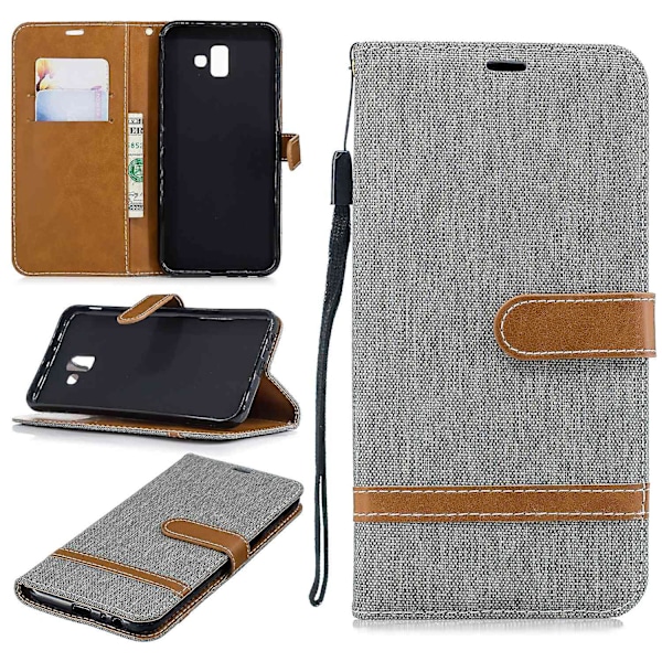 To-farvet jeansstof PU lædercover med stativ til Samsung Galaxy J6+/J6 Prime Grey