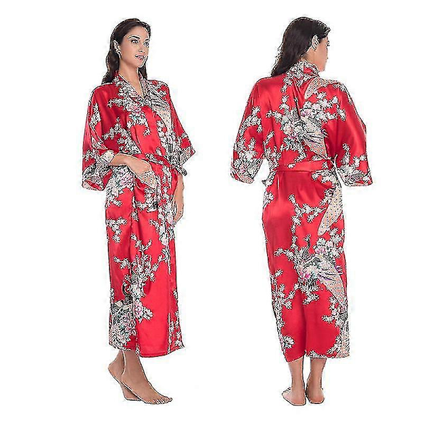 Kvinders Blomster Satin Kimono Morgenkåbe Bryllup Badekåbe Nattøj M Red