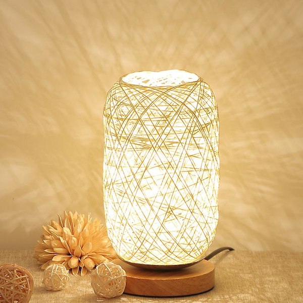 Sängbord Dekoration Kreativ Uppladdningsbar LED Nattlampa Trä Snöre Rattan Bordlampa Hampa Boll Liten Bordlampa off white