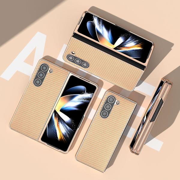 Elektropläterad kolfiberstruktur PU-läderbelagd PC-telefonfodral för Samsung Galaxy Z Fold5 5g Light Yellow