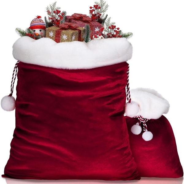 2 stk. julegaveposer i fløyel med snøring i 2 størrelser, stor julegavepose til julenissen, leketøy Wine Red