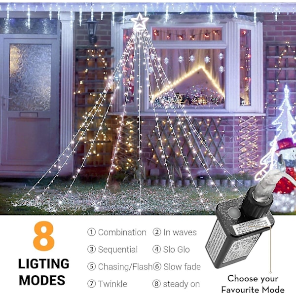 Julelys, 317 LED 10ft X 9 Utendørs Juledekorasjonslys Med 12\" Toppstjerne, 8 White