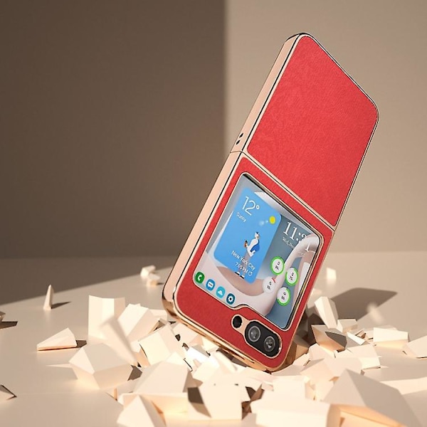 Til Samsung Galaxy Z Flip5 Nano Plating Træstruktur Pu Mobiltelefon Cover Red