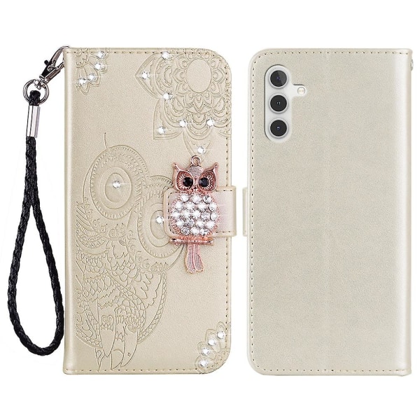 Samsung Galaxy A14 5g Rhinestone Decor Reptålig Telefonfodral, Präglad Uggla Blommönster Stativ Plånbok Läderfodral Gold