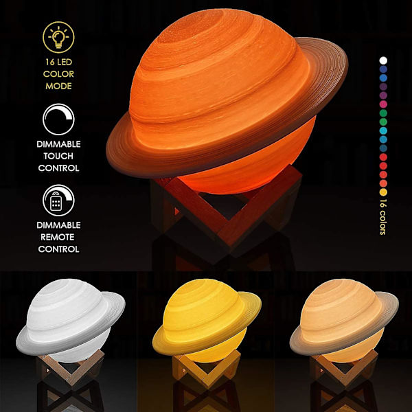 Fargerik LED 3D-trykt Saturn-lampe Saturn nattlyslampe med stativ/fjernkontroll