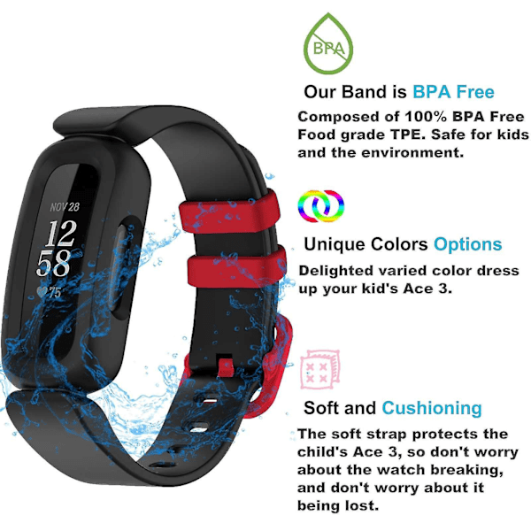 Treingi-bånd for Fitbit Ace 3 - Silikonarmbånd for barn - Vanntett - Tilbehør til sportsklokke - Rem til Fitbit Ace 3 - Erstatning for gutter og jenter Watermelon