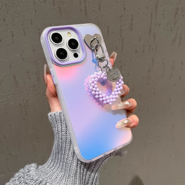 Til iPhone 12/ 12 Pro Etui Mat Laser Effekt PC+TPU Telefon Cover med Perler Hjerte Vedhæng Purple