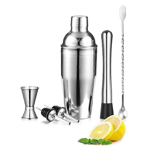 Dww-Sæt cocktail 6 dele i rustfrit stål, 550ml shaker, målebæger, si, støder