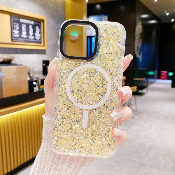 For iPhone 15 Glitter TPU + Akryl Telefondeksel Kompatibel med MagSafe Støtsikker Bakdeksel Yellow