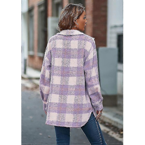 Vinter Ulljakke Casual Rutete Flanell Shacket Jakke Oversized Knapp Ned Lang Ermet Høst Skjortejakke Kåpe Topper Jakke Kvinner XXL PURPLE