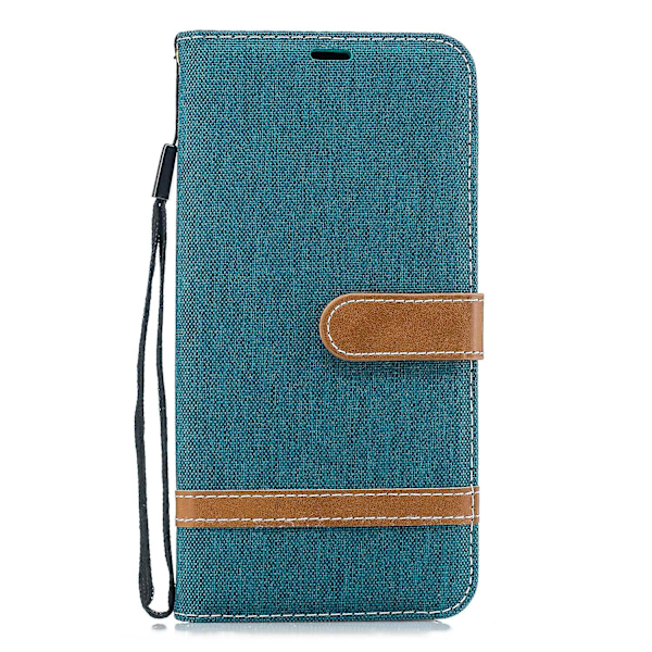 To-farget Jean Cloth Skinn Lær Mobiltelefondeksel med Kortspor for Samsung Galaxy J6 Plus/J6 Prime Green