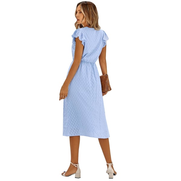 Sommerkjole til kvinder i hør - Sommerkjole til kvinder - Casual V-hals kjoler - Kortærmet A-linje kjole - Plus size kjole - Strandkjole til damer - Sommerkjole - GSL ZD R Blue L