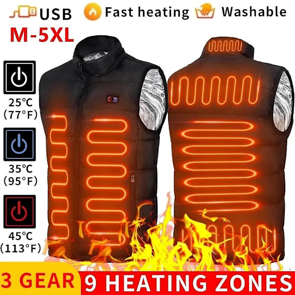 9 Uppvärmda Västzoner Elektrisk Uppvärmd Jacka Män Kvinnor Sportkläder Uppvärmd Kappa Grafen Värmekappa Usb Uppvärmd Jacka För Camping XXXL 9 areas heated black