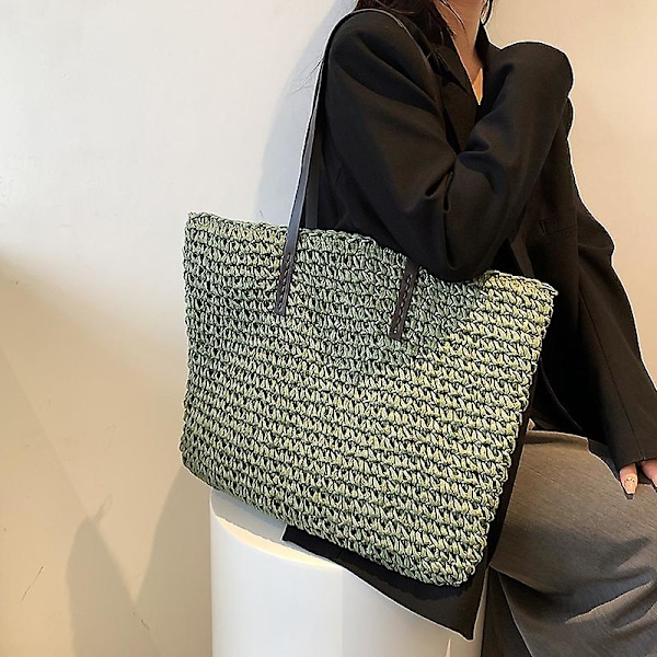 Damhandväska Sommar Strandväska Rotting Flätad Handgjord Stickad Halm Stor Kapacitet Tote Läder Dam Axelväska Bohemisk Ny khaki add ribbon