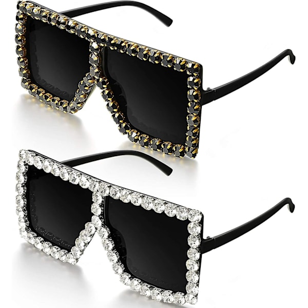 2 par store firkantede krystall solbriller, flate topp store solbriller, retro tykke ramme bling solbriller for kvinner menn