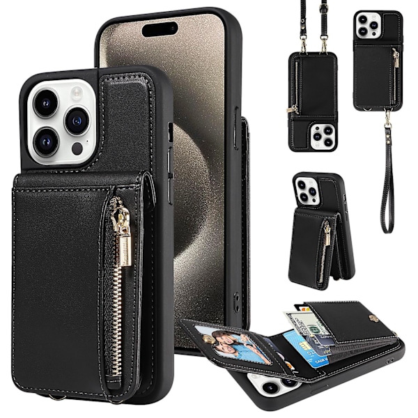 For Iphone 15 Pro Etui Fallsikkert Pu+tpu Støttefot Glidelås Lommetelefonbeskytter Black
