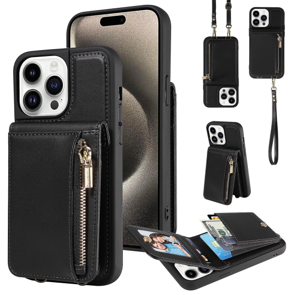 Iphone 15 Pro -kotelo, pudotussuoja, Pu+tpu-jalusta, vetoketjullinen lompakkokotelo Black