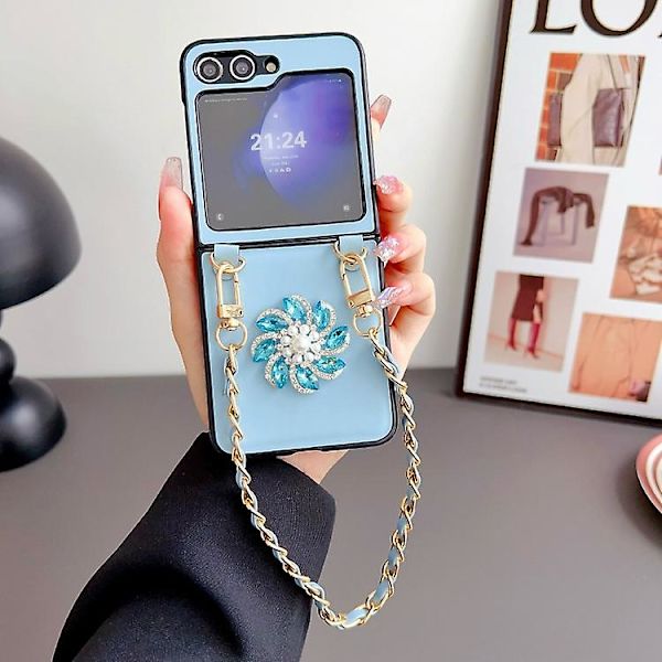 Samsung Galaxy Z Flip5 5g -puhelinkotelo, jossa integroitu Morandi-timanttikukka + ketju Blue