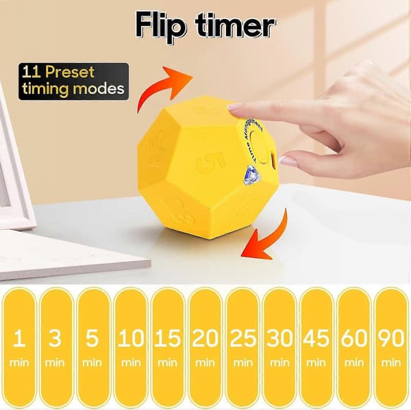 Cube Timer, Time Management Dodekaeder Timer, Timer for Barn, Kjøkkentimer for Matlaging, Produktivitet Pomodoro Timer Yellow