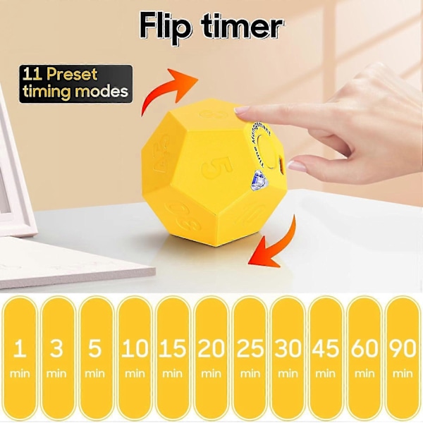 Cube Timer, Time Management Dodekaeder Timer, Timer til Børn, Køkken Timer til Madlavning, Produktivitets Pomodoro Timer Yellow
