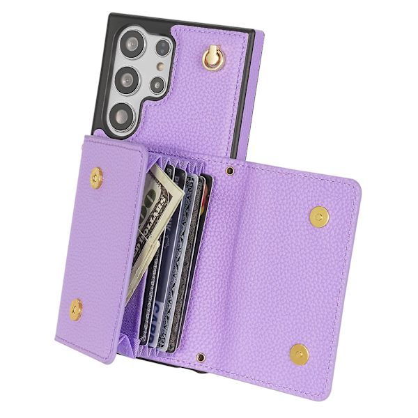 Samsung Galaxy S24 Ultra fodral med kortfack i läder + TPU-skydd med axelrem Purple