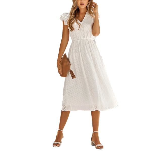 Sommerkjole til kvinder i hør - Sommerkjole til kvinder - Casual V-hals kjoler - Kortærmet A-linje kjole - Plus size kjole - Strandkjole til damer - Sommerkjole - GSL ZD R White S