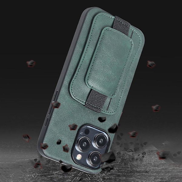 For iPhone 15 Pro PU læderbelagt TPU telefoncover roterende håndbånd kickstand kortholder Green