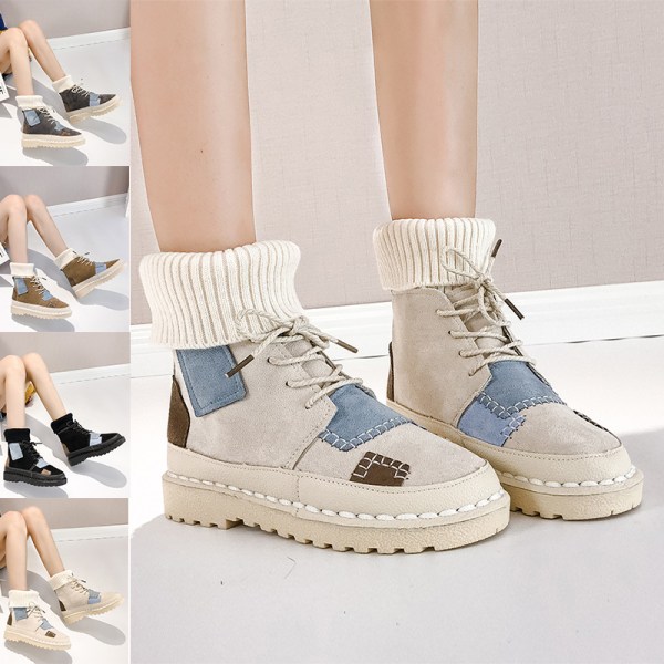 Women's Retro Suede Ankle Boots Casual Shoes Platform Flats Beige,38