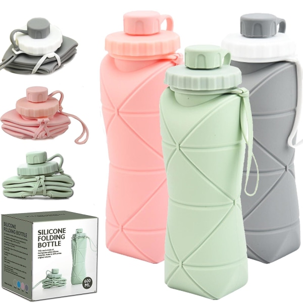 Resefällbar vattenflaska [dubbel läckagesäker design] [med säkerhetsreplock] [midjeformad vattenflaska] lätt och lämplig för utomhusvandring Pink