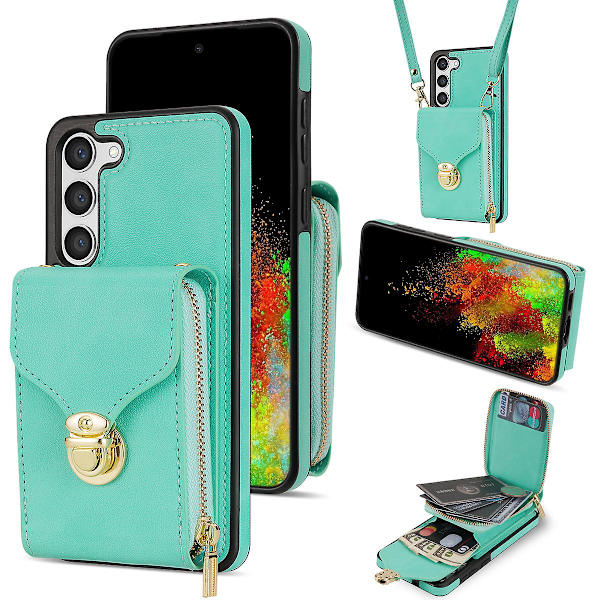 Samsung Galaxy S24+ -kotelo PU-nahasta + tpu-jalustalla varustettu puhelinkotelo olkahihnalla Mint Green