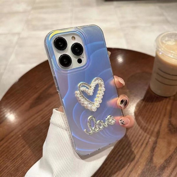 Til iPhone 13 Pro Slim-Fit Akryl+TPU Telefon Cover IMD Etui med Rhinestone Dekoration Hollow Heart