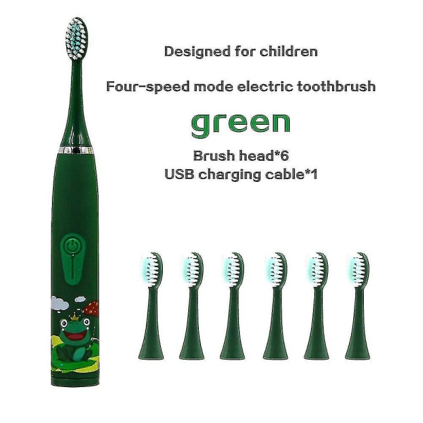 Barn Elektrisk Tandborste Oral Care Tandrengöring USB Laddning Med 6 Extra Huvuden Green