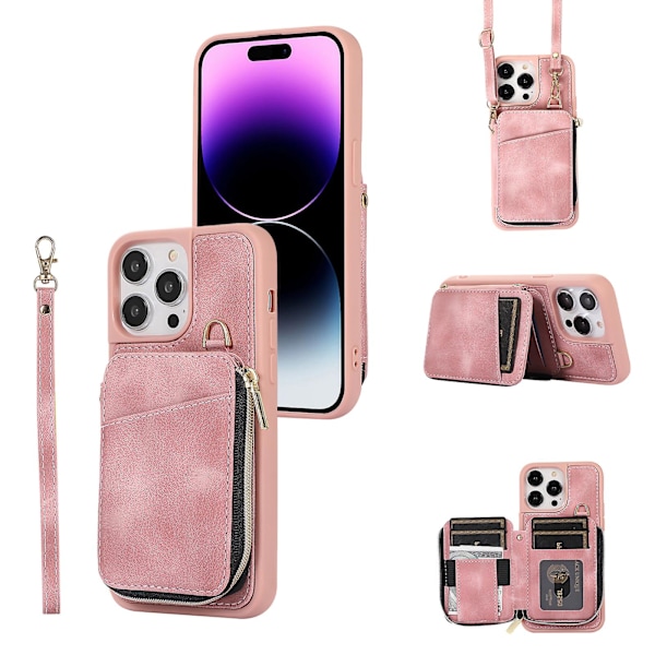 For Iphone 15 Pro Max Glidelås Lommebok Telefondeksel Stativ Pu Lærbelagt Tpu Etui Pink