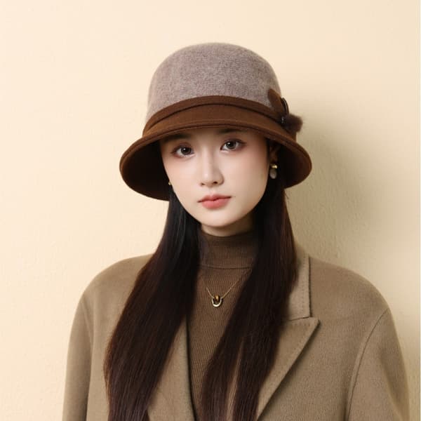 Uld bucket hat til kvinder til efterår og vinter, varm og elegant, britisk retrostil Beige