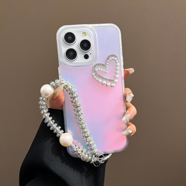 For iPhone 13 Pro Matte Case Laser Effect PC+TPU Pearls Heart Phone Cover with Hand Strap