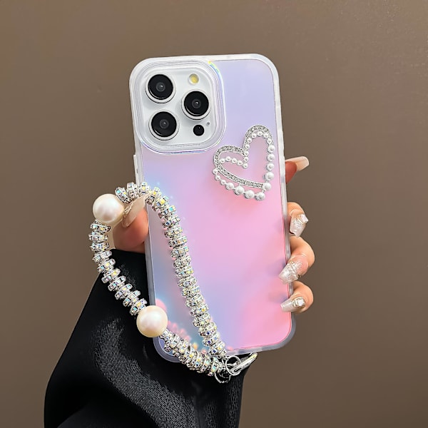 iPhone 13 Pro -mattakuori, laser-efekti, PC+TPU, helmiä, sydänpuhelin, suojakotelo käsihihnalla Transparent