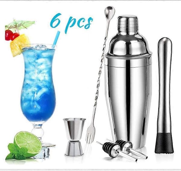 Dww-Sæt cocktail 6 dele i rustfrit stål, 550ml shaker, målebæger, si, støder