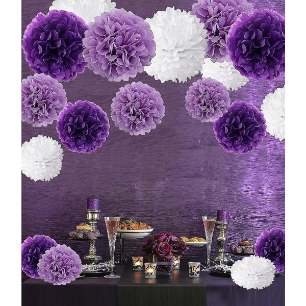 Paket med 18, blå pom poms blommor, dekorationspapperssats för fest (lila) purple