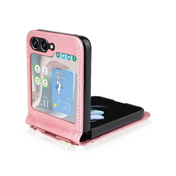 För Samsung Galaxy Z Flip5 Crossbody Card Slot Läder Mobiltelefonfodral Pink