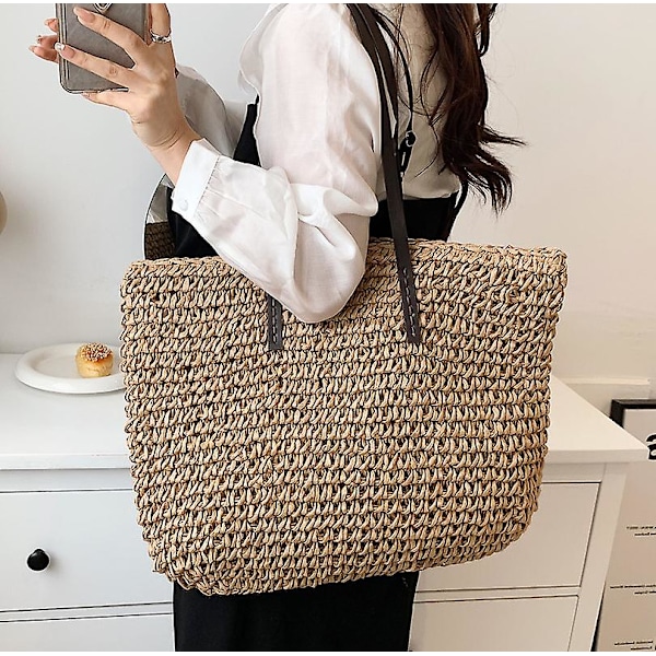 Damhandväska Sommar Strandväska Rotting Flätad Handgjord Stickad Halm Stor Kapacitet Tote Läder Dam Axelväska Bohemisk Ny khaki add ribbon