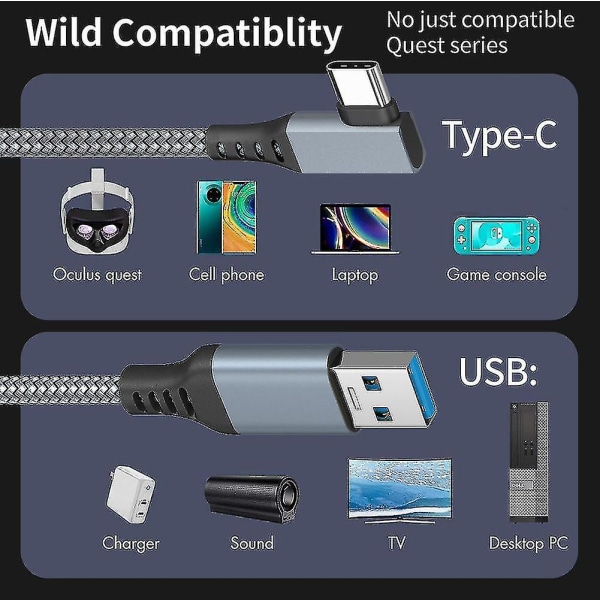 Link-kaapeli Oculus Quest 2:lle, nopea lataus ja tietokoneen tiedonsiirto Usb C 3.2 Gen1 5gbps Pd -siirtolaturikaapeli Vr-kuulokemikrofonin link-kaapeli  Stcyv Grey 3M