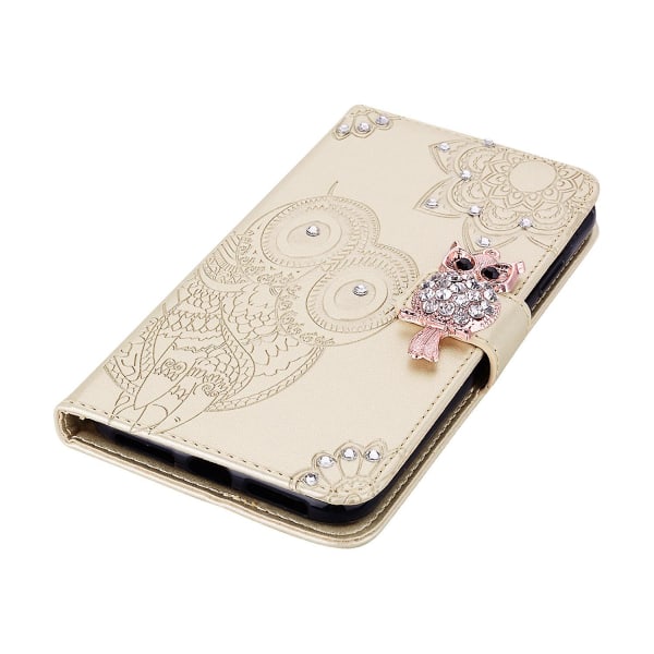 For Samsung Galaxy A14 5g Rhinestone Decor Scratch Resistant Phone Cover, Imprinting Owl Flower Pattern Stand Wallet Leather Case Gold